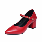 小码女鞋313233高跟鞋2023春秋季软皮，粗跟单鞋红色中跟真皮鞋