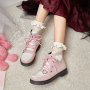 日系甜美短靴女拼色可爱粉色，洛丽塔少女公主学生系带时尚马丁靴女