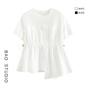 baostudio韩系设计感拼接收腰，短袖小衫夏季圆领不规则t恤女