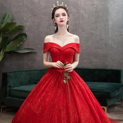 红色主婚纱礼服显瘦星空，一字肩长拖尾森系新娘女结婚2023婚礼
