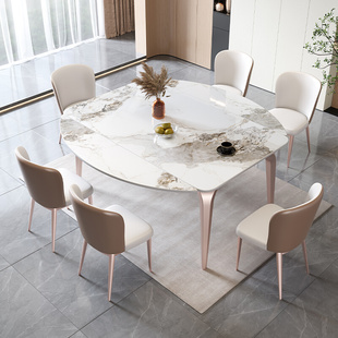 岩板餐桌椅组合伸缩方圆，两用吃饭桌子，现代多功能折叠长方形圆形桌