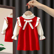 女童中长款毛衣裙(毛衣裙)2023秋装，洋气儿童半高领针织裙女宝宝红色连衣裙
