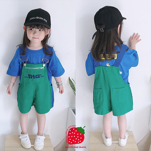 女童套装2024夏季T恤儿童洋气韩版中小童背带短裤短袖两件套3