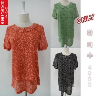 韩国中老年女装短袖T恤妈妈装甜美点点雪纺上衣双层HYS007