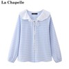 拉夏贝尔/La Chapelle秋季长袖娃娃领蓝色条纹衬衣女显瘦系带衬衫