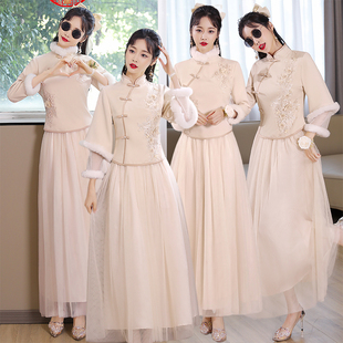 中式伴娘服2023冬季中国风新娘结婚伴娘团，姐妹裙加绒加厚礼服