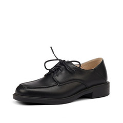 英伦风系带黑色小皮鞋法式深口低跟单鞋舒适休闲平底鞋大码40-43