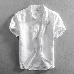 夏季亚麻短袖衬衫男士休闲棉麻白色衬衣纯色t恤薄上衣男款潮