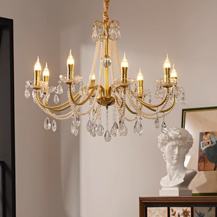 水晶吊灯法式复古黄铜珍珠，吊灯温馨浪漫水晶蜡烛灯厅卧室美式灯具