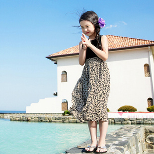 韩国童装女童夏季豹纹拼接背心连衣裙潮，儿童气质亲子沙滩公主长裙
