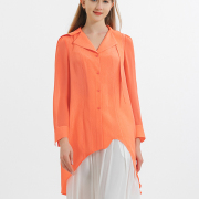 提花冠乐绉桑蚕丝橙色翻领不规则下摆设计单排扣长袖真丝衬衫