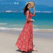 红色新中式国风旗袍连衣裙，长款女2024雪纺长裙大摆海边沙滩裙