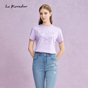 商场同款La Koradior拉珂蒂紫色印花上衣圆领女士T恤衬衫通勤