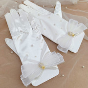 本命年法式新娘结婚手套白色蝴蝶结缎面手套婚纱礼服短款全指手套