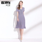 裙子2023年夏v领短袖高贵优雅气质，紫色雪纺百褶连衣裙中长款