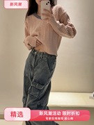 粉色长袖上市纯色羊毛薄款v领麻花纹，毛衣女(毛，衣女)韩系撞色加厚