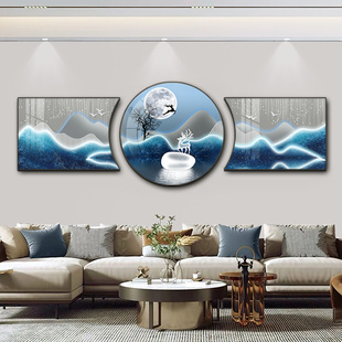 客厅挂画现代简约水晶壁画高级感三联画福鹿送财沙发背景墙装