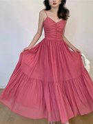 弗洛树莓玫粉色长裙2024夏季浪漫连衣裙女复古绝美小个子仙女裙
