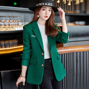 韩版绿色毛呢小西装外套，女2022秋冬季加厚休闲高级感西服上衣