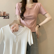 小个子短款纽扣圆领短袖T恤女夏季韩版修身显瘦打底衫上衣半袖潮