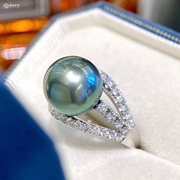 铂金灰大溪地珍珠戒指，性价比满满正圆，无暇品质18k金配钻石