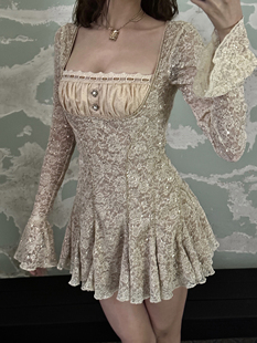 NOIDENTITY原创高定面料重现古董玫瑰蕾丝细闪金丝拼接长袖连衣裙