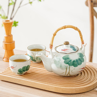纯手绘釉下彩茶具套装，高温陶瓷大容量，泡茶壶荷叶鱼茶壶茶杯子
