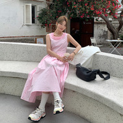 2024设计师系列温柔粉色，荷叶边领连衣裙女款无袖，长裙娃娃领韩版