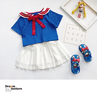 女童海军风套装裙夏季短袖上衣，洋气日系学院，儿童雪纺半身裙两件套