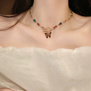 彩色水晶蝴蝶项链女法式复古轻奢锁骨链，颈链气质甜酷高级感项饰品