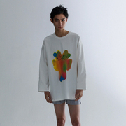 6wei原创设计师手绘双兔头彩色小众国潮印花趣味春秋情侣长袖T恤