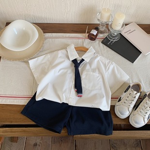 儿童套装2024夏款男中小童学院风领结白色衬衫两件套短袖衬衣套潮