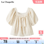 拉夏贝尔/La Chapelle夏季甜美别致蝴蝶结方领小衫泡泡袖衬衫上衣