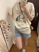 灰色小熊vintage短袖t恤女夏季2023年国潮宽松设计感小众纯棉上衣