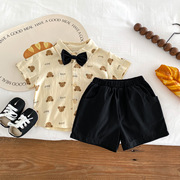 韩版2024夏季男童装绅士领结，短袖短裤套装儿童，可爱小熊两件套衬衫