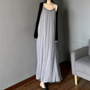 连衣裙加长版高个子(高个子，)170超仙女波点网纱及地长裙宽松直筒吊带裙