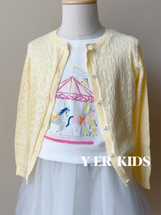 女童三色镂空轻薄开衫 儿童奶油色黄色蓝色针织衫 夏季空调衫防晒