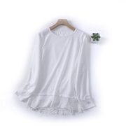 d11-1秋季女装圆领条纹，蕾丝雪纺拼接假两件宽松休闲长袖t恤衫