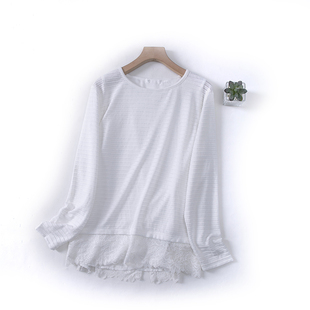 D11-1秋季女装圆领条纹蕾丝雪纺拼接假两件宽松休闲长袖T恤衫