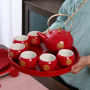 中式订婚红色新娘改口敬茶杯，提梁茶壶托盘结婚庆功夫茶具套装礼盒