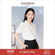 Goodland女装夏短袖通勤翻领衬衫钉珠泡泡袖上衣