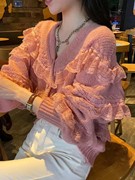 温柔系春装蕾丝设计感针织开衫小众气质甜美独特短款长袖上衣女
