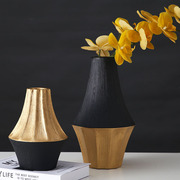 手工拉丝陶瓷花瓶黑金色，插花花器，创意电视柜样板间酒柜摆件