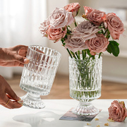 法式复古轻奢浮雕餐桌，透明高脚水晶玻璃花瓶，鲜花插仿真花花器摆件