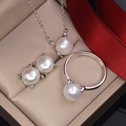 天然淡水珍珠耳钉戒指项链三件套防过敏时尚，百搭925纯银首饰套装