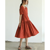 红色v领连衣裙，女夏季显瘦法式复古泡泡，袖中长款抽绳收腰裙子