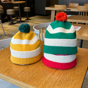 彩色条纹针织帽女秋冬季户外保暖百搭套头帽子，可爱毛球毛线帽