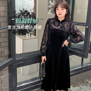 2023冬季大码黑色韩国绒连衣裙改良版复古盘扣旗袍新中式女裙