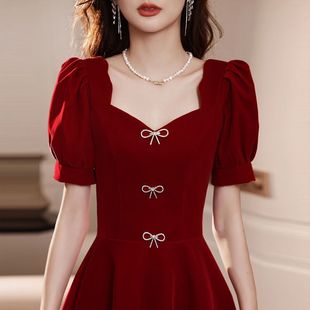 2024夏季蝴蝶结红色连衣裙女棉质显瘦小个子短袖时尚大码长裙