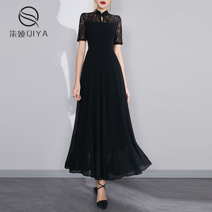 黑色蕾丝连衣裙2023气质，收腰显瘦大摆雪纺波，西米亚长裙女夏装